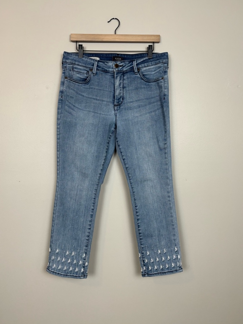NYDJ Sheri Slim Ankle Palm Dot Embroidery Hem Crop Lift X Tuck Stretch Denim 14P